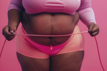 A woman holds a pink string, possibly used for climbing or hanging decorations