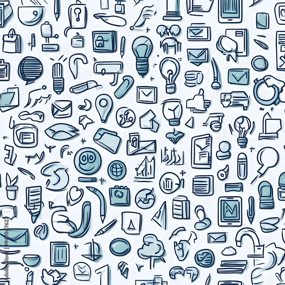Poster seamless minimalist drawing of various business and corporate icons arranged in a repeating pattern 