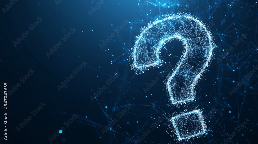 Poster abstract digital question mark. futuristic low poly wireframe ask symbol. support, help, and problem