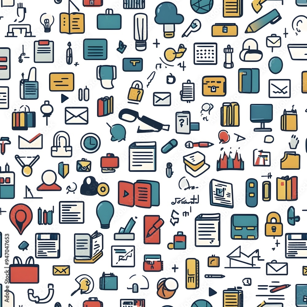 Aufkleber seamless pattern design featuring a centered arrangement of simple yet modern business themed icons 