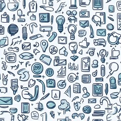 Seamless minimalist drawing of various business and corporate icons arranged in a repeating pattern designed for use in digital designs marketing materials and branding applications