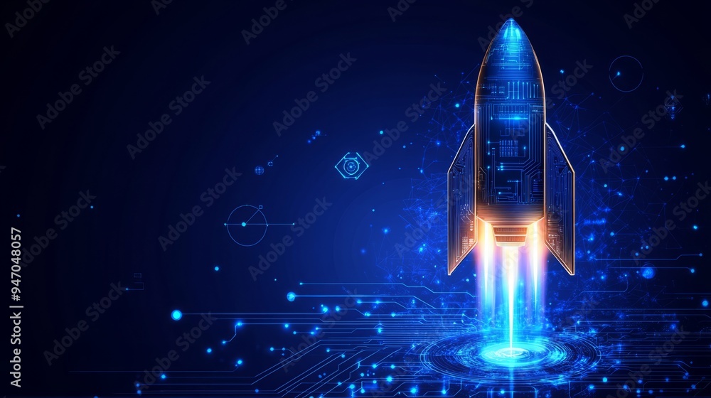 Poster abstract digital rocket, light cpu processor on technology blue background. semiconductor or microch