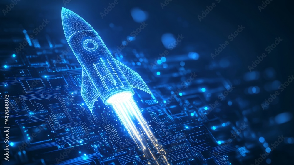 Poster abstract digital rocket, light cpu processor on technology blue background. semiconductor or microch