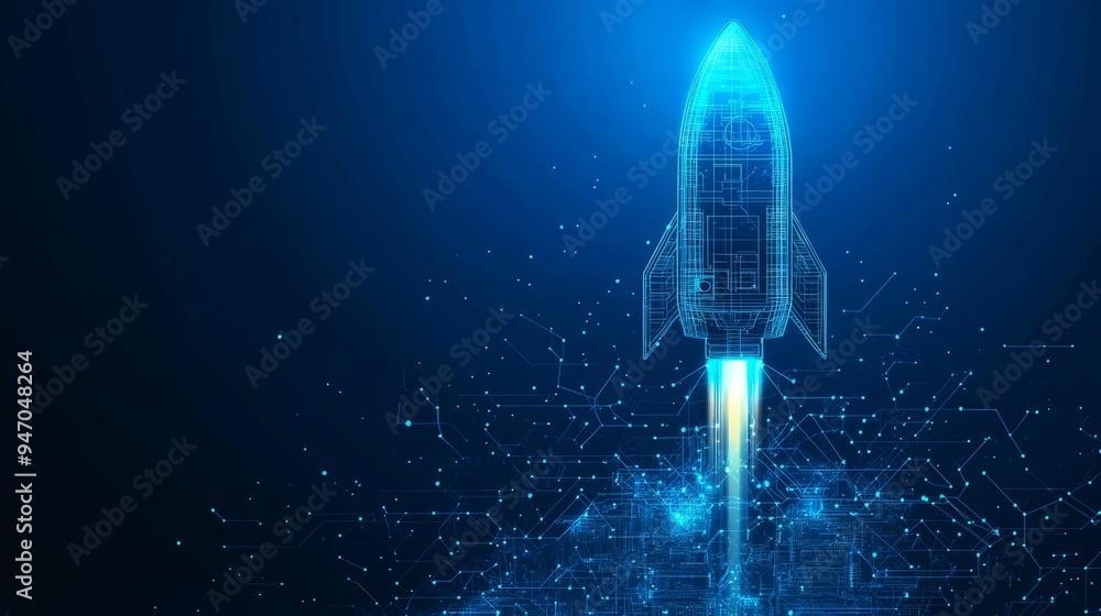 Poster abstract digital rocket, light cpu processor on technology blue background. semiconductor or microch
