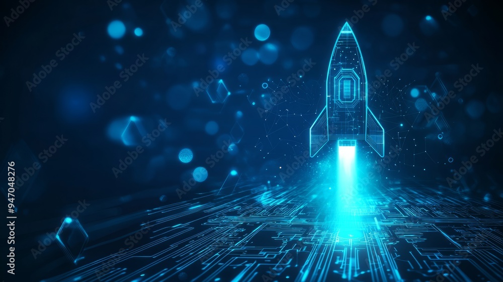 Poster abstract digital rocket, light cpu processor on technology blue background. semiconductor or microch