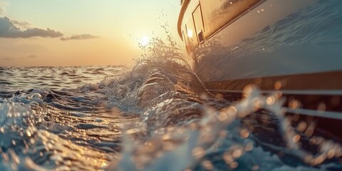 Yacht sailing in open sea with close up view of boat s side Clear sky post rain with waves and water splashes High quality image