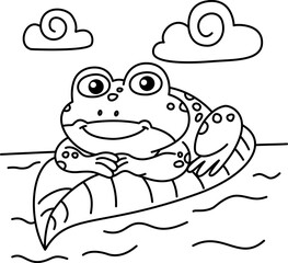 Drawing outline frog lying on a leaf in the middle of a lake.eps