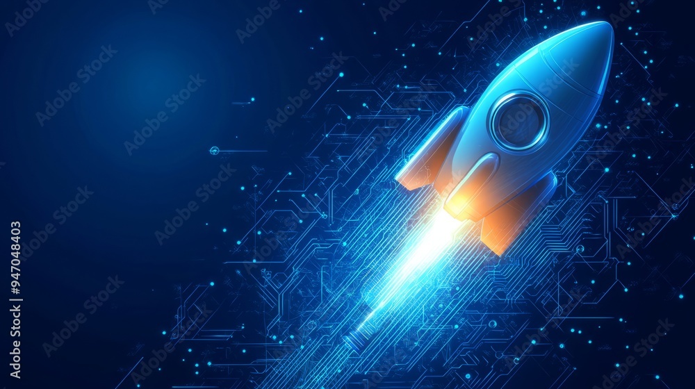 Poster abstract digital rocket, light cpu processor on technology blue background. semiconductor or microch