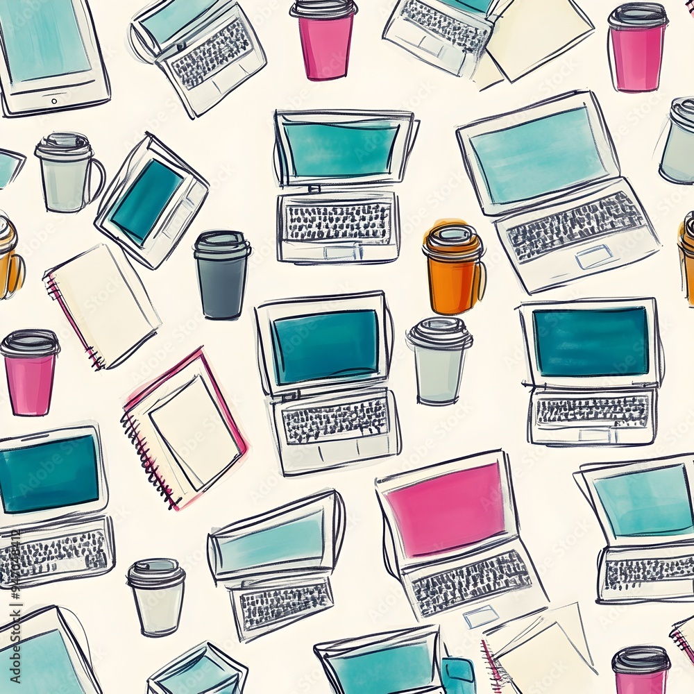 Poster Minimalist desk setup with laptops coffee cups and notebooks arranged in a stylish and organized pattern on a modern work surface  The image conveys a sense of productivity creativity