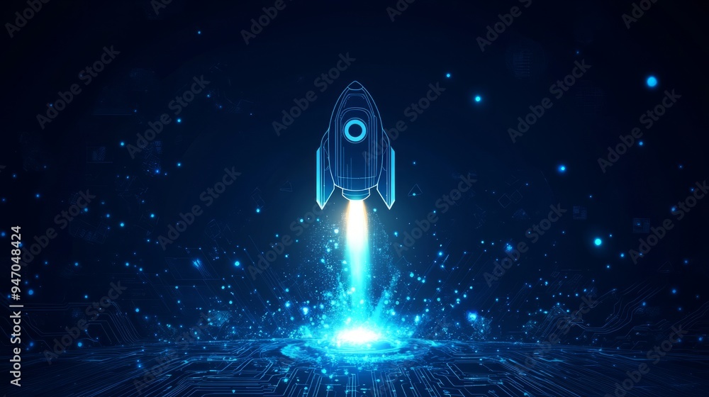 Poster abstract digital rocket, light cpu processor on technology blue background. semiconductor or microch