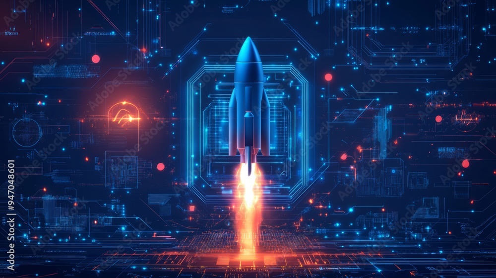 Poster abstract digital rocket, light cpu processor on technology blue background. semiconductor or microch