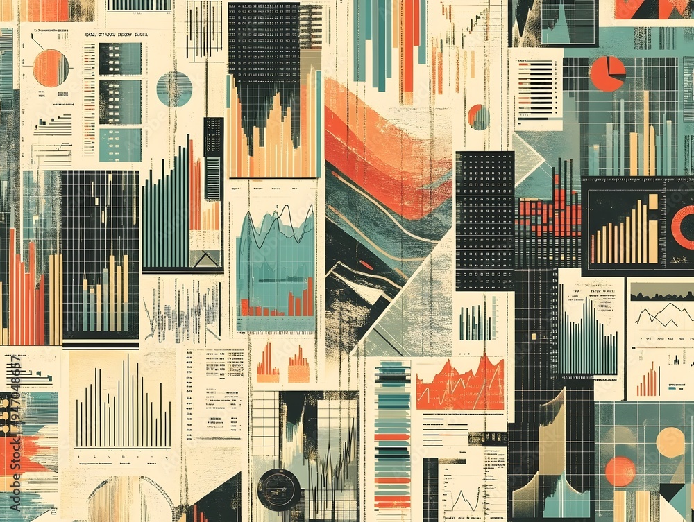 Poster seamless repeating pattern of various business charts and graphs including line charts bar graphs pi