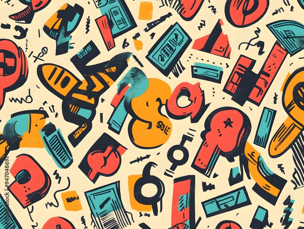 Poster centered composition of various financial symbols and dollar signs arranged in a repeating pattern c