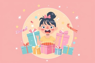 Happy Girl Surrounded by Presents with Confetti and Stars.