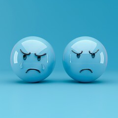 Fototapeta premium Two upset round blue emoji characters with frowning faces and tears streaming down their faces are isolated on a blue background, expressing deep sadness and sorrow.