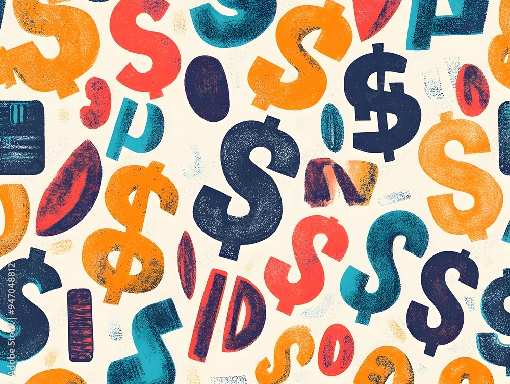 Poster a centered abstract pattern featuring stylized financial symbols and dollar signs in a modern minima