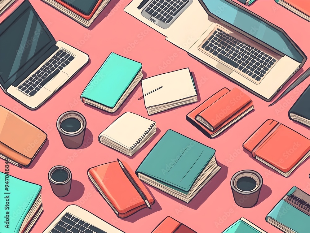 Poster minimalist arrangement of laptops coffee cups and notebooks in a geometric pattern representing a pr