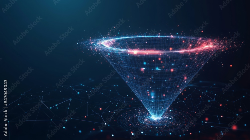 Poster abstract funnel with data flow and globe earth on dark blue technology background. global network me