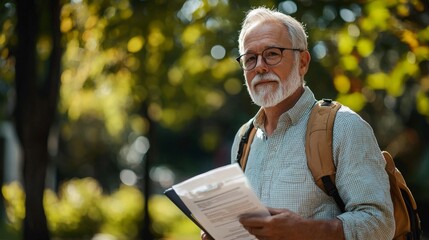 Well being in retirement savings, detailed shot of a healthy senior walking through a park, holding financial documents