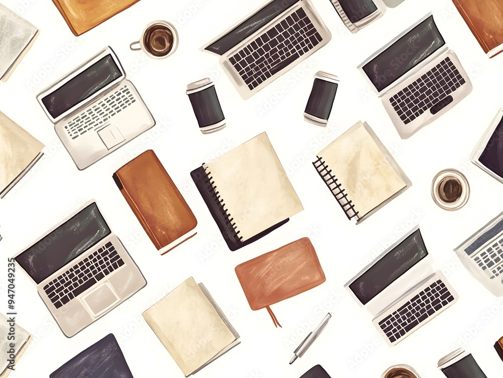 Poster stylish and organized minimalist workstation arrangement featuring laptops coffee cups and notebooks