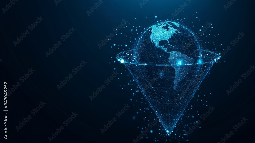 Poster abstract funnel with data flow and globe earth on dark blue technology background. global network me