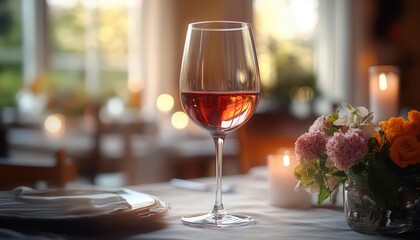 Naklejka premium Wine glass with wine filled with red wine, set on a dining table