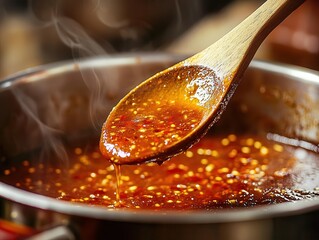Wooden spoon with sauce stirring a simmering pot of sauce