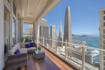 A luxury apartment balcony with modern furniture, wooden deck, cozy sofa, and stylish coffee table overlooking a stunning cityscape. Perfect for travel brochures and upscale publications.