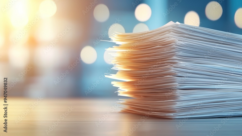 Aufkleber a stack of papers on a table with a bright light shining on it