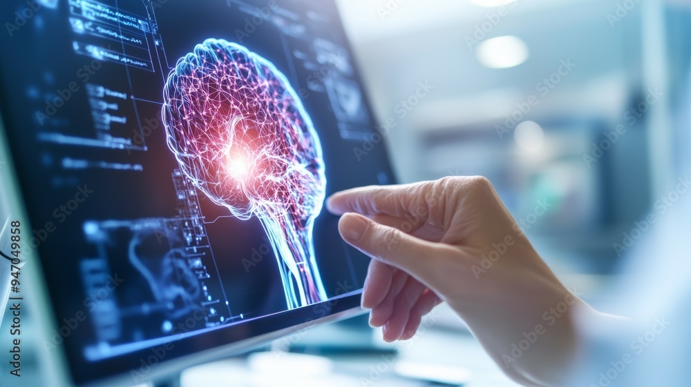 Aufkleber a person is pointing at a brain scan on a computer monitor