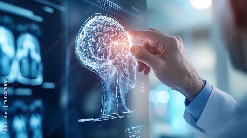 Poster a man is touching a brain on a computer screen