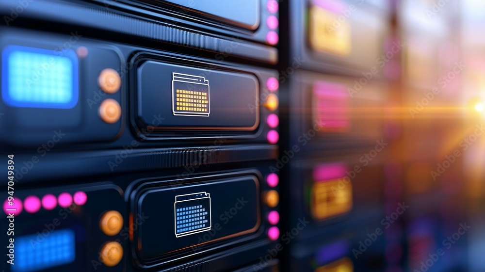Poster a computer server rack with a blue and orange icon on it