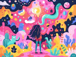 A young woman standing in a colorful abstract landscape.