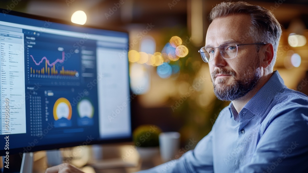 Poster a man is sitting in front of two computer monitors