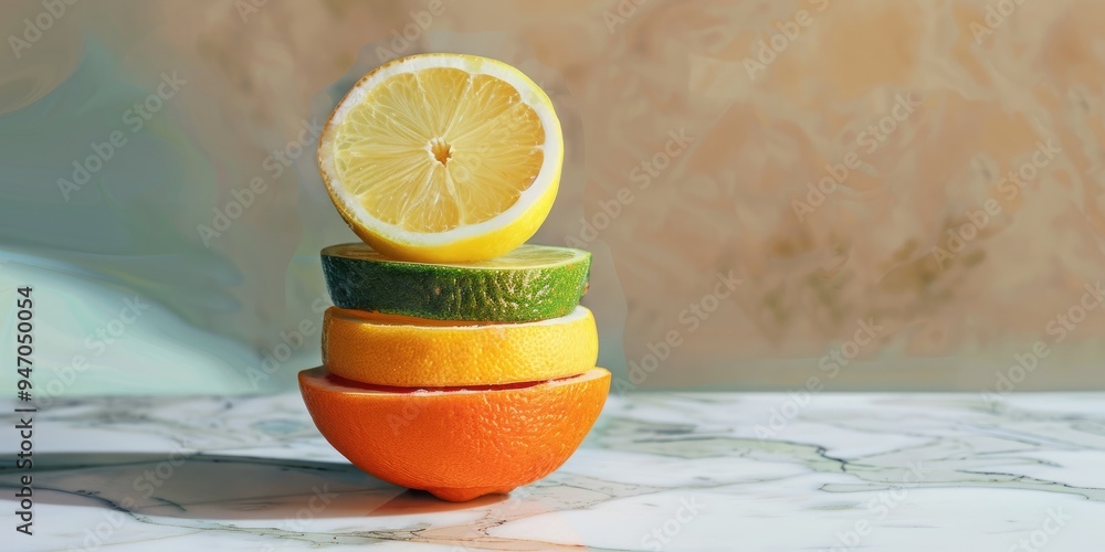 Poster premium image of a stack of sliced citrus fruits arranged on a marble surface.