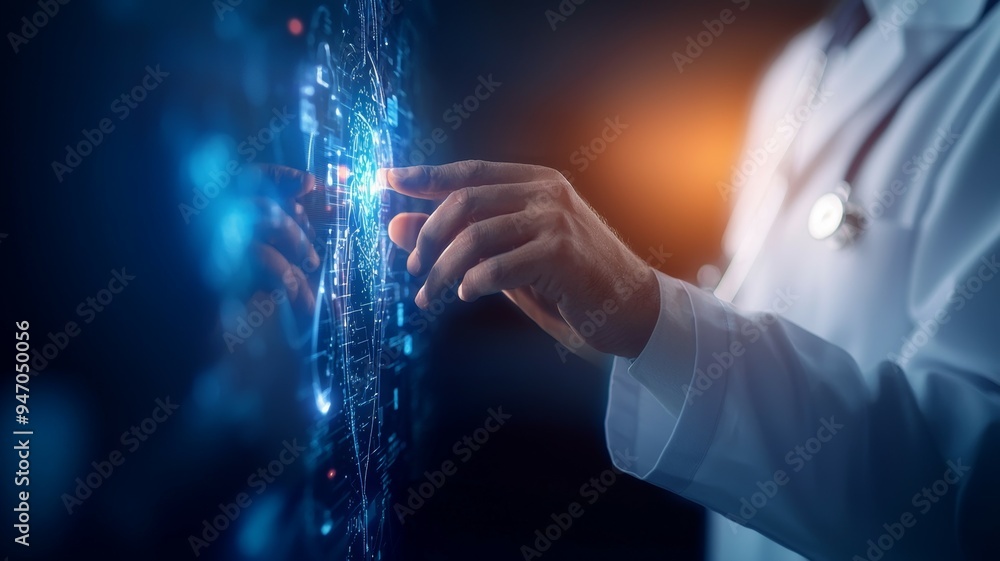 Poster a doctor is pointing at a computer screen with a blue and red design