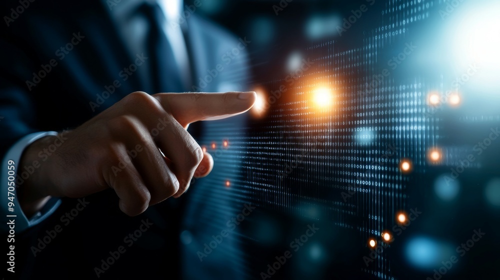 Aufkleber a man in a suit is pointing at a computer screen with a bright light on it