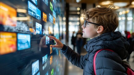 Young Boy Interacting with Interactive Digital Display Screen
