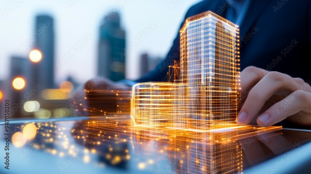 Poster a person is using a tablet to draw a building with a city in the background