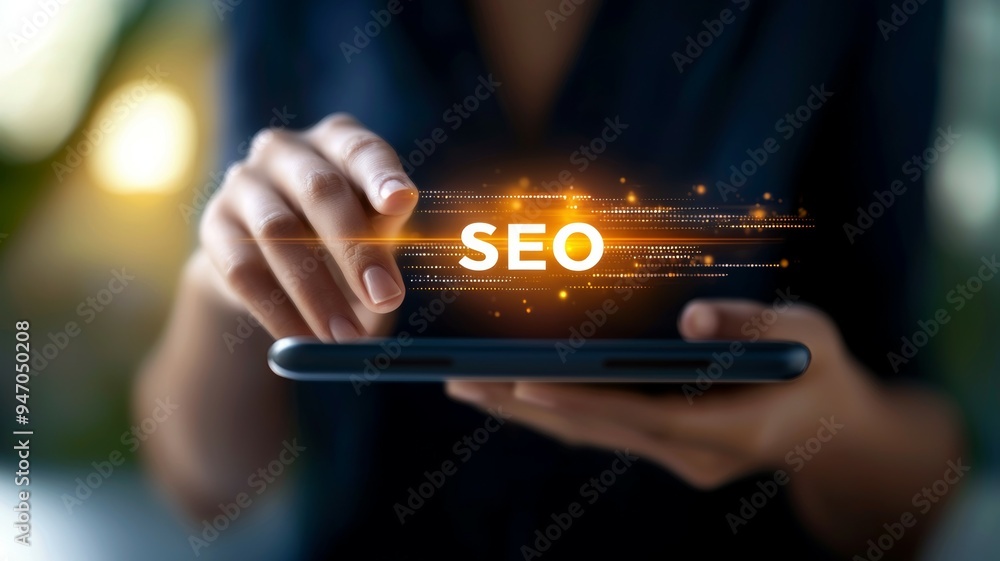 Poster A woman is holding a tablet and pointing to the word SEO