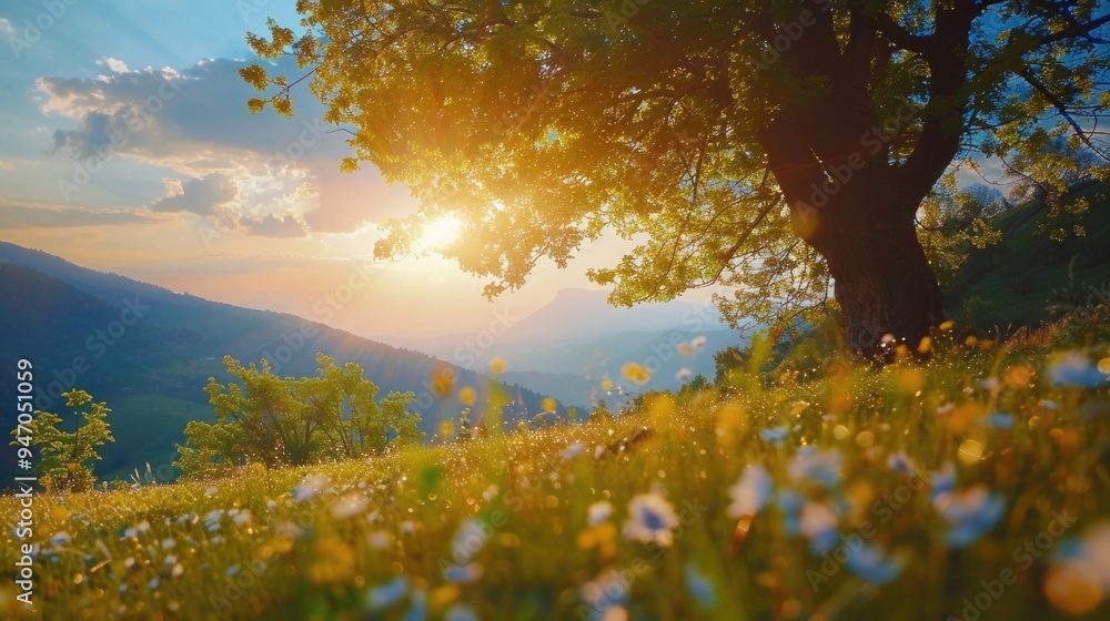 Aufkleber a serene scene with sunlight shining through tree branches amidst a field of vibrant wildflowers