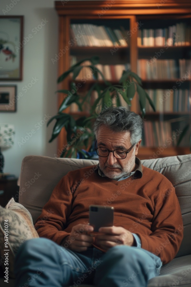 Poster a person sits on a couch holding a mobile phone, possibly texting or browsing