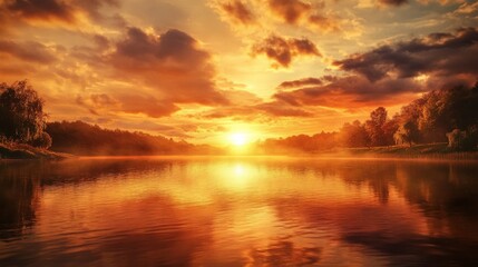 Obraz premium Stunning sunset over a serene lake surrounded by trees, with golden clouds reflecting on the water surface, creating a picturesque scene.
