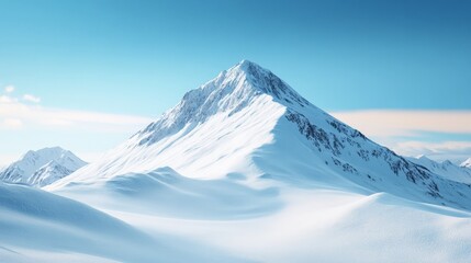 Stunning view of a snow-covered mountain peak under a clear blue sky, showcasing the beauty of winter in a serene and majestic landscape.