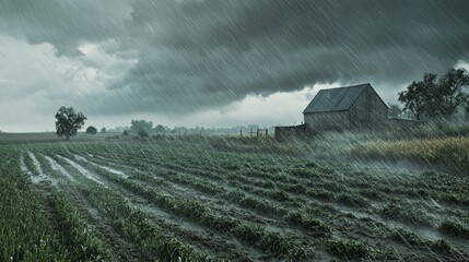 Stormy weather over a rural farmland with heavy rain and dark clouds, an old barn stands alone in the middle of the field.