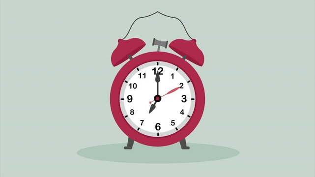 Cartoon style animation showing an red alarm clock ringing at 7:00 AM, with the clock bouncing and vibrating. Waking up, time management, morning rituals concepts. Luma channel, green screen. 4k
