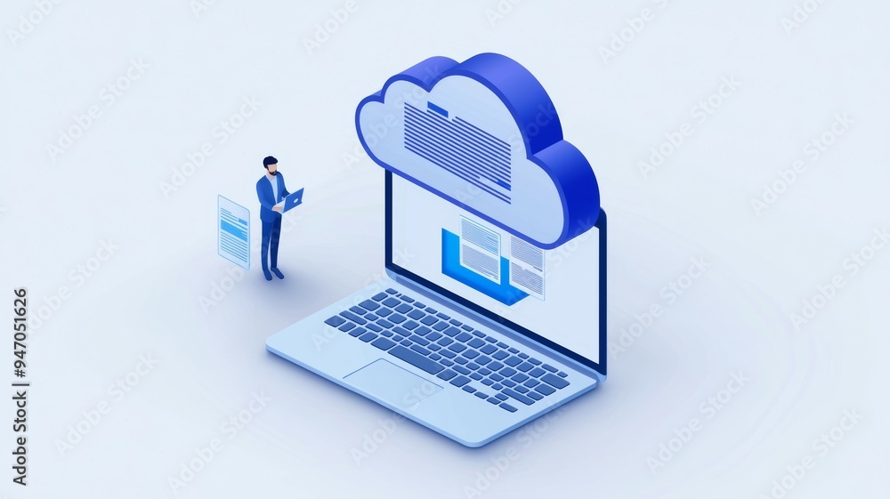 Poster a man is standing in front of a laptop computer