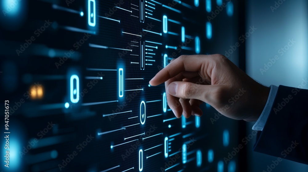 Poster a hand is pointing at a computer screen with a blue background