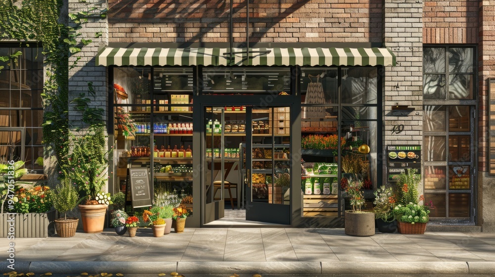 Poster a storefront with a distinctive green and white awning, perfect for use in commercial or retail sett
