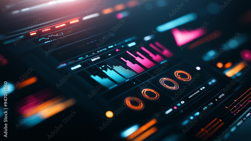 Poster a colorful display of graphs and numbers with a blue background